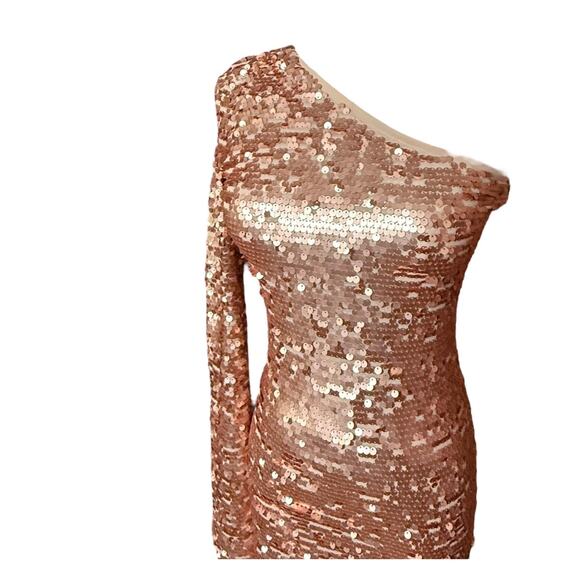 BCBGMAXAZRIA NEW Lyn Copper Combo One Shoulder Sequined Mini Dress Size S - Picture 7 of 10